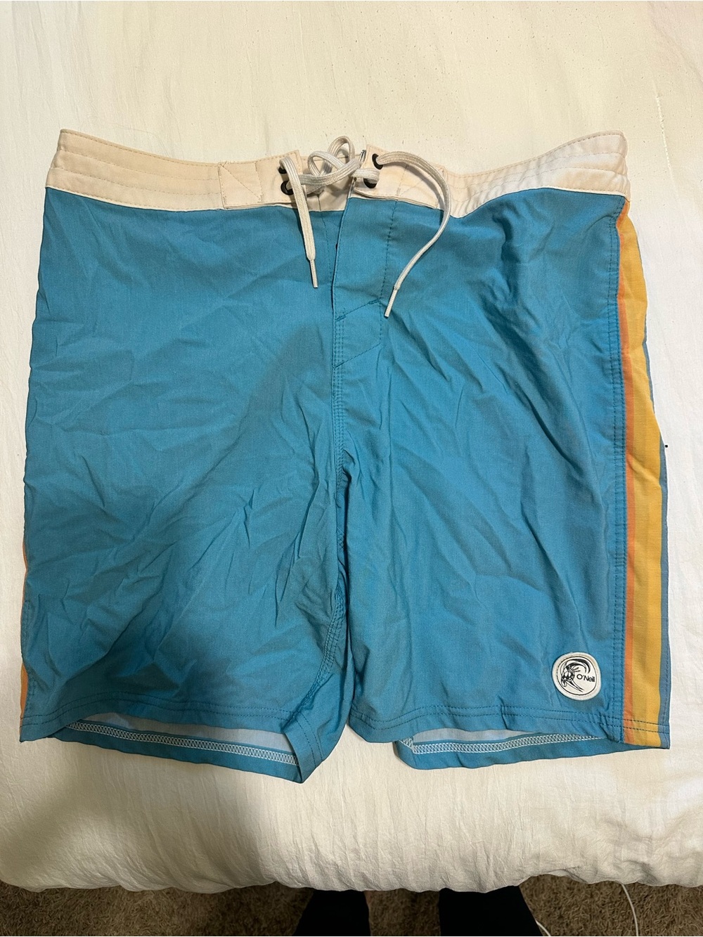 O'Neill Teal Swim Board Shorts with Cream Waistband and Yellow Side Stripe